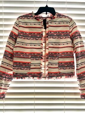 Women’s Striped Fringe Tweed Jacket - White with Coral Pink & Black